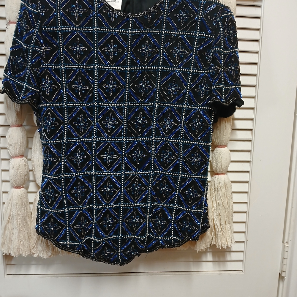 Stenay Black and Blue Beaded Short Sleeve Top